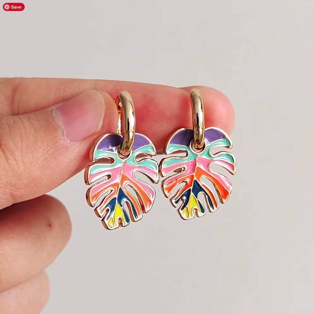 Bohemian Painted Monstera Plant Leaf Dangle Earrings - Picture 2 of 4